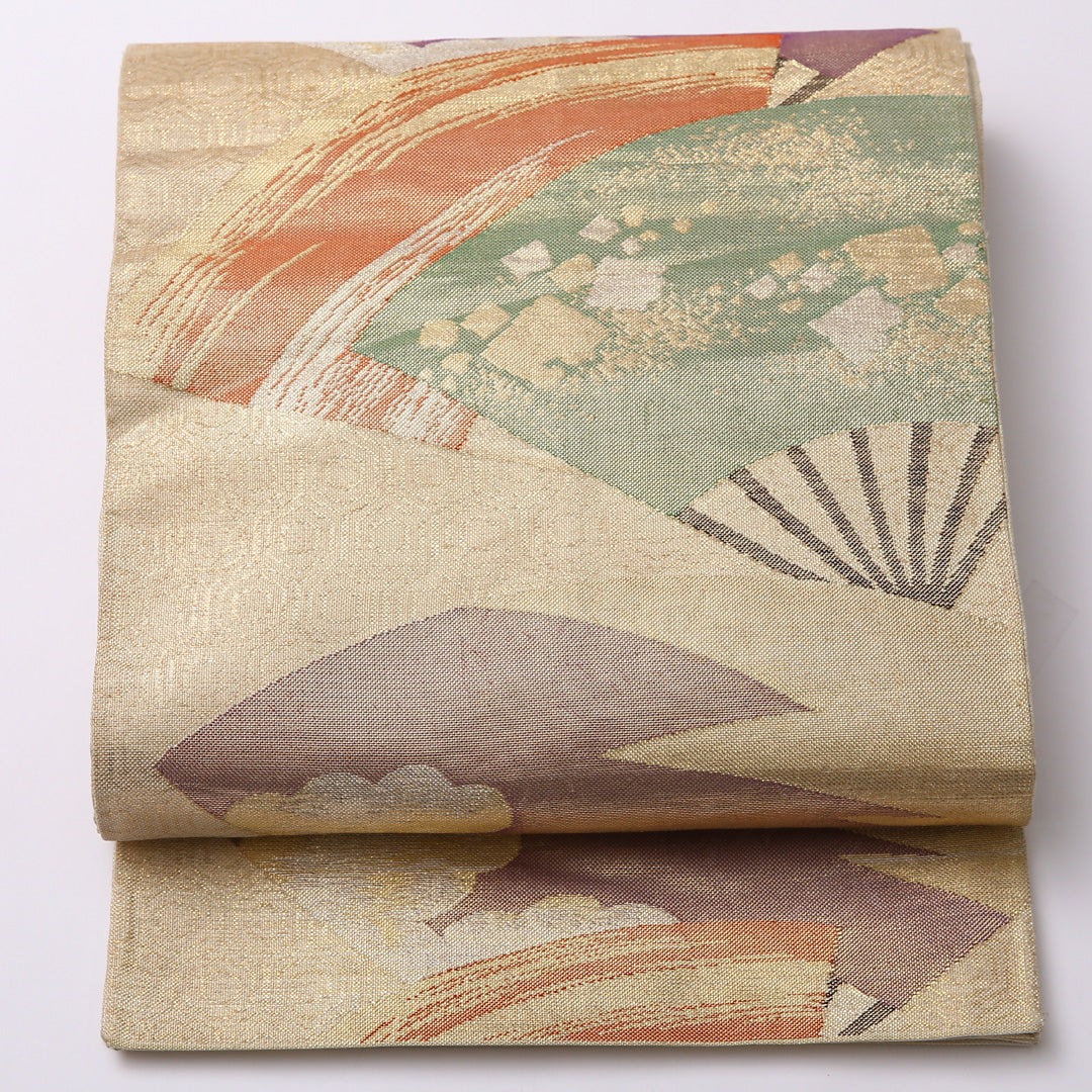 袋帯 帯丈432cm 六通 未仕立て フォーマル Aランク 正絹 雲取り 扇 古典的 落ち着き 金系 1223-01610