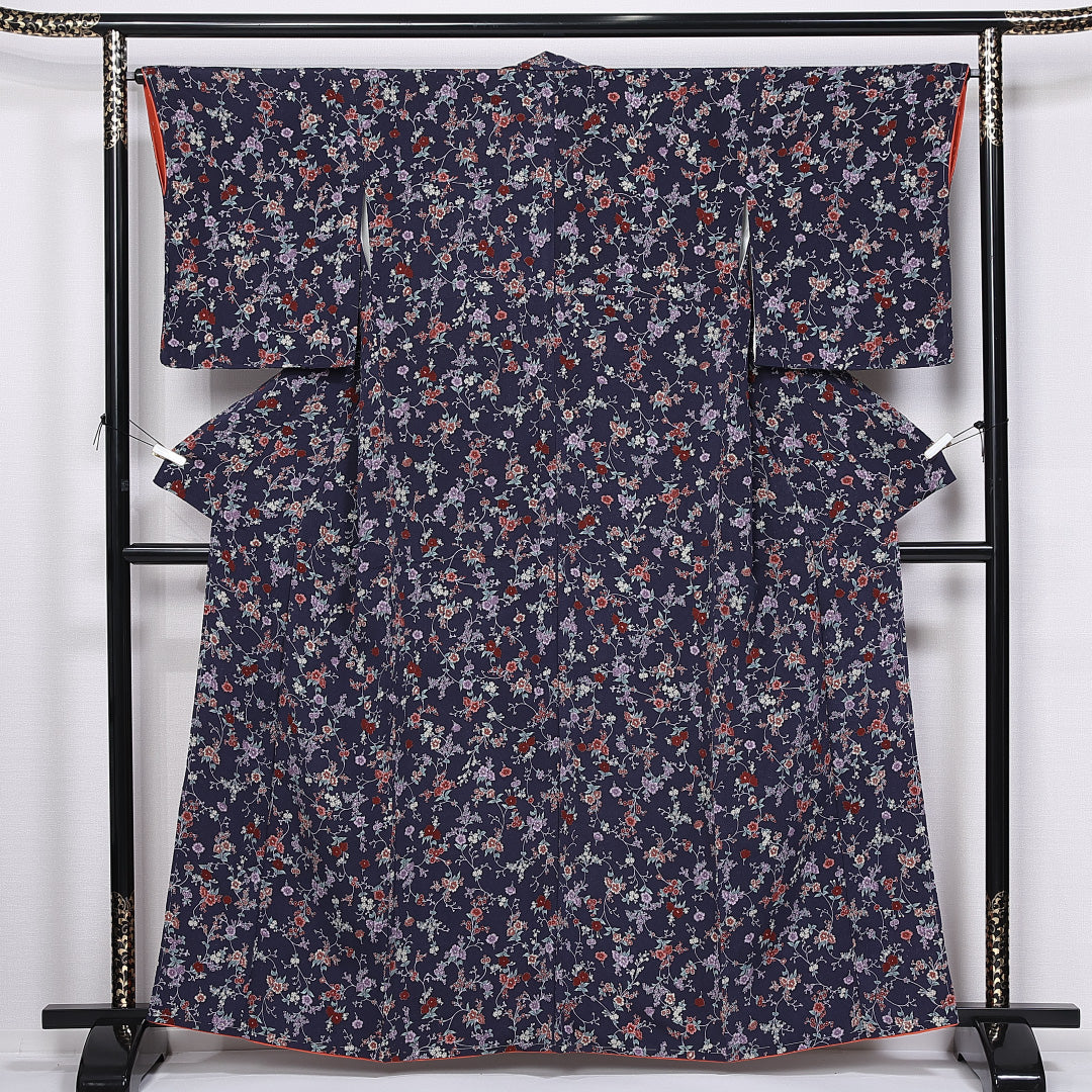 紬 袷 身丈160cm 裄丈62cm 正絹 Aランク カジュアル 広衿 Lサイズ 撫子 紺系 RP 1223-11290