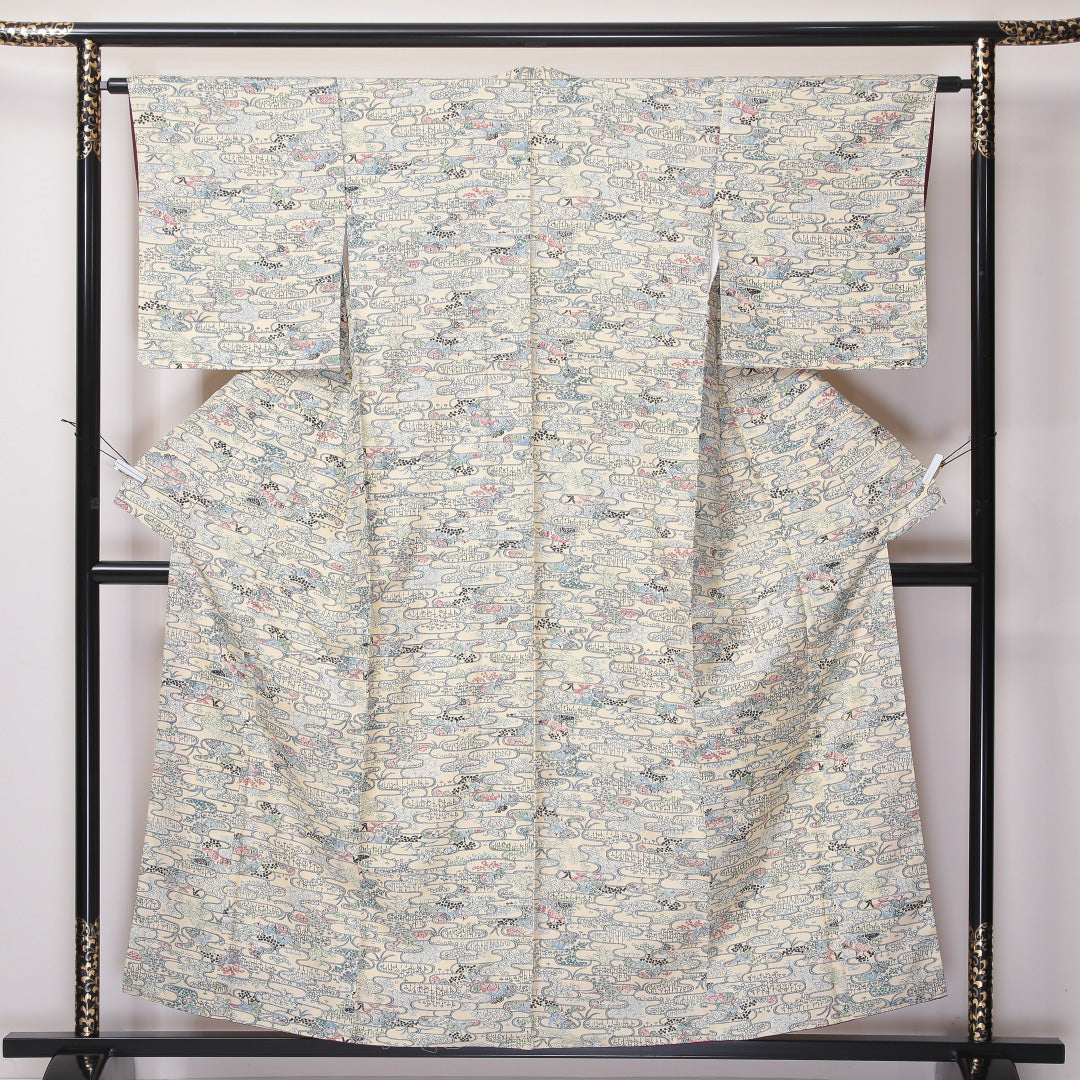 小紋 袷 身丈155cm 裄62.5cm ポリエステル 洗える着物 茶屋辻 クリーム系 Bランク 1215-02261
