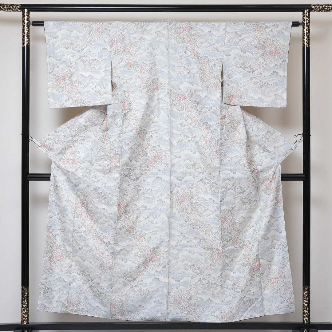 真綿紬 袷 身丈156cm 裄丈61cm 正絹 Sランク カジュアル 広衿 Mサイズ 遠山 牡丹 白系 PO 1223-03054