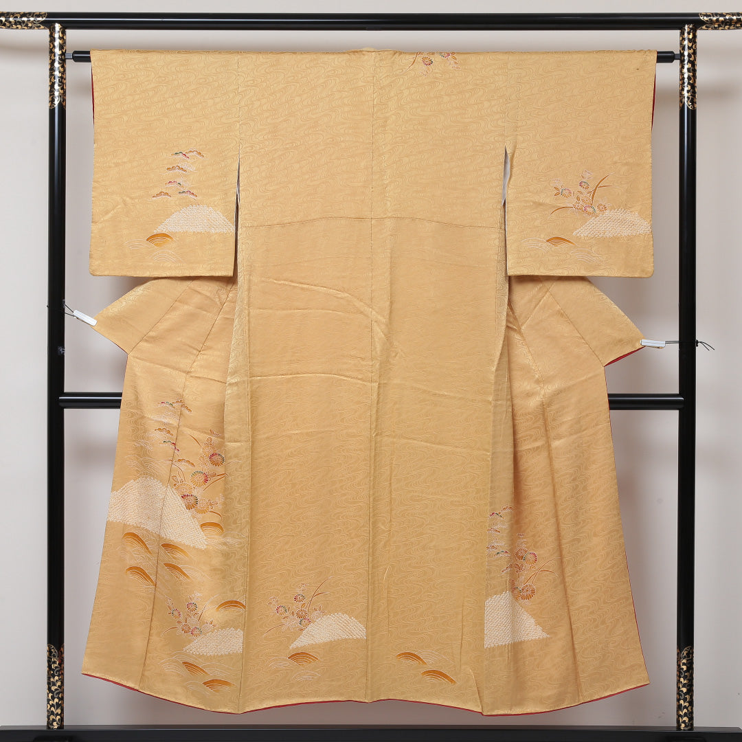 訪問着 袷 身丈148cm 裄丈62cm 正絹 Bランク 紋意匠 (観世水) セミフォーマル 広衿 XSサイズ 絞り 菊 金系 HP 1217-04306