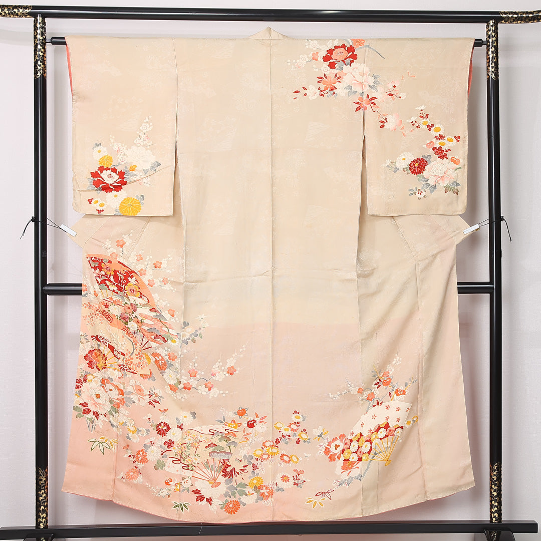 アンティーク 訪問着 (錦紗) 袷 身丈150cm 裄丈62cm 正絹 Dランク バチ衿 Sサイズ 吉祥文様 クリーム系 RP 1217-12446