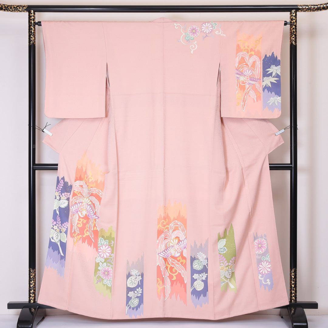 付下げ 袷 身丈160cm 裄丈64cm 正絹 Sランク インフォーマル 広衿 Lサイズ 唐草 尾長鳥 菊 桐 ピンク系 PO 1218-04488