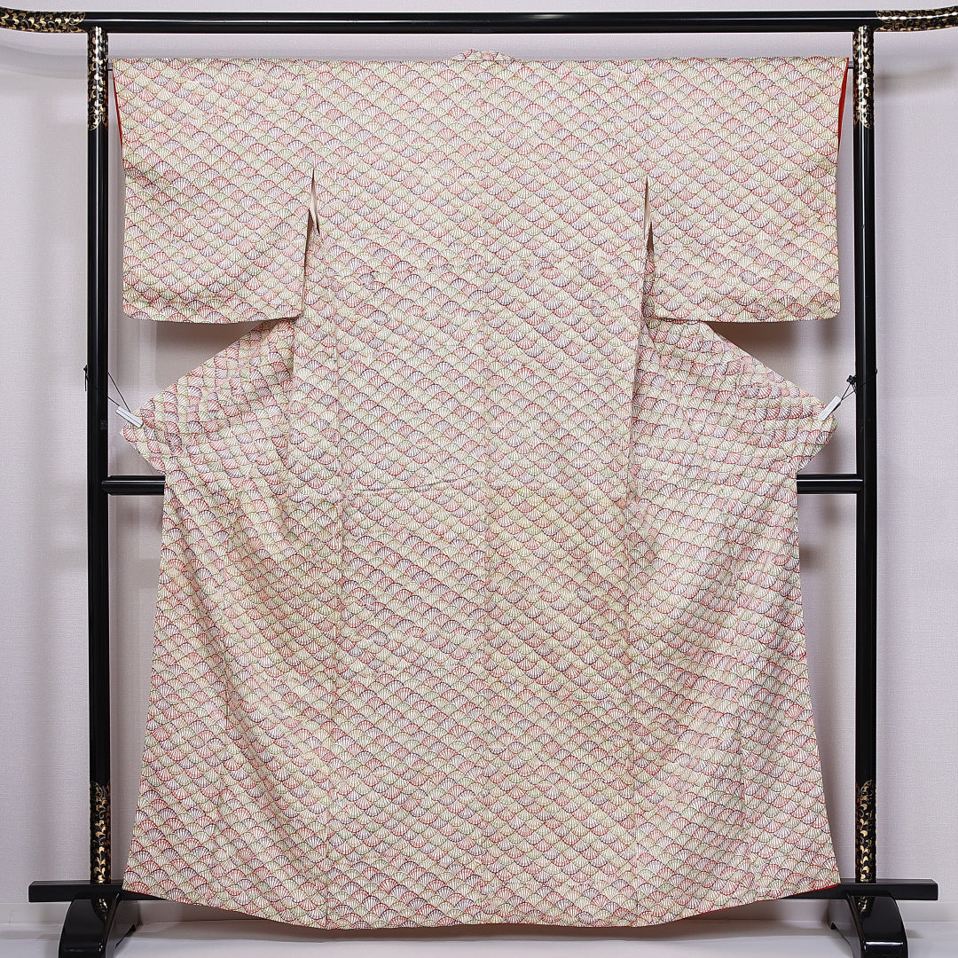 小紋 袷 身丈162cm 裄丈66cm 正絹 Bランク インフォーマル 広衿 Lサイズ 扇 クリーム系 HP 1221-11279