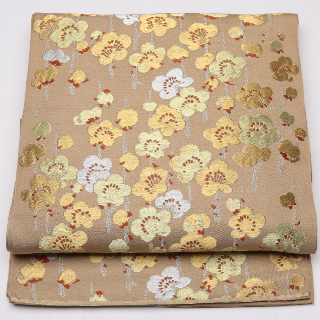 アンティーク 袋帯 帯丈392cm 六通 金銀糸 梅 セミフォーマル ベージュ系 正絹 Cランク 1223-01119