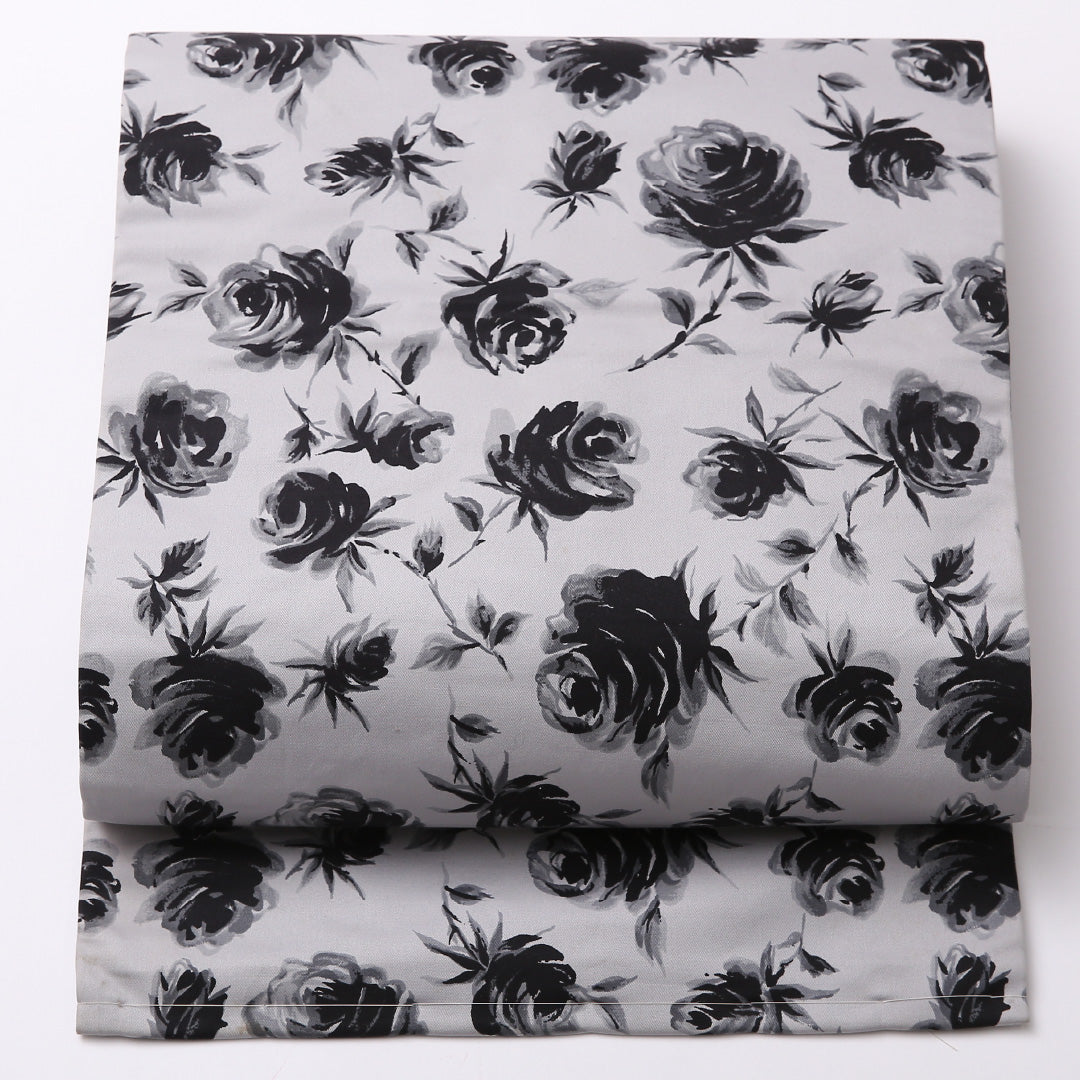 九寸 名古屋帯 帯丈333cm 名古屋仕立て 全通 Cランク カジュアル 正絹 薔薇 写実的 モダン グレー系 1224-02778