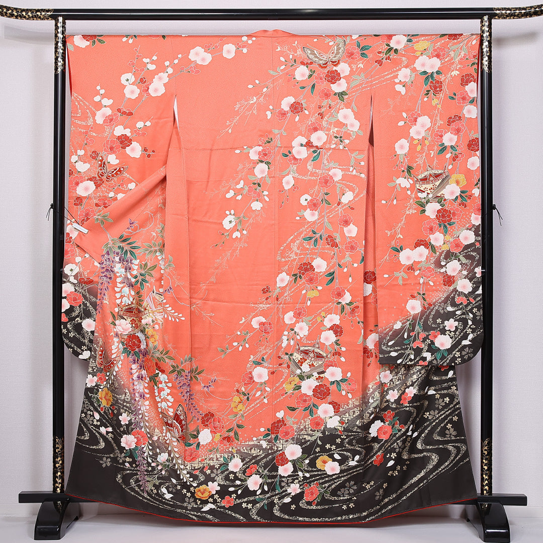 振袖 身丈161cm 裄丈67.5cm 袷 正絹 Sランク 広衿 三越 牡丹 蝶 金糸 1213-F0387