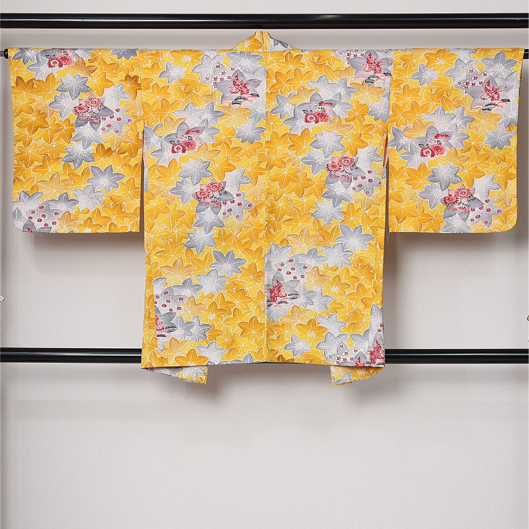 羽織 袷 身丈82cm 裄丈64cm 正絹 Aランク カジュアル Mサイズ 紐あり 鶴 楓 吉祥文様 黄系 HP 1232-12819