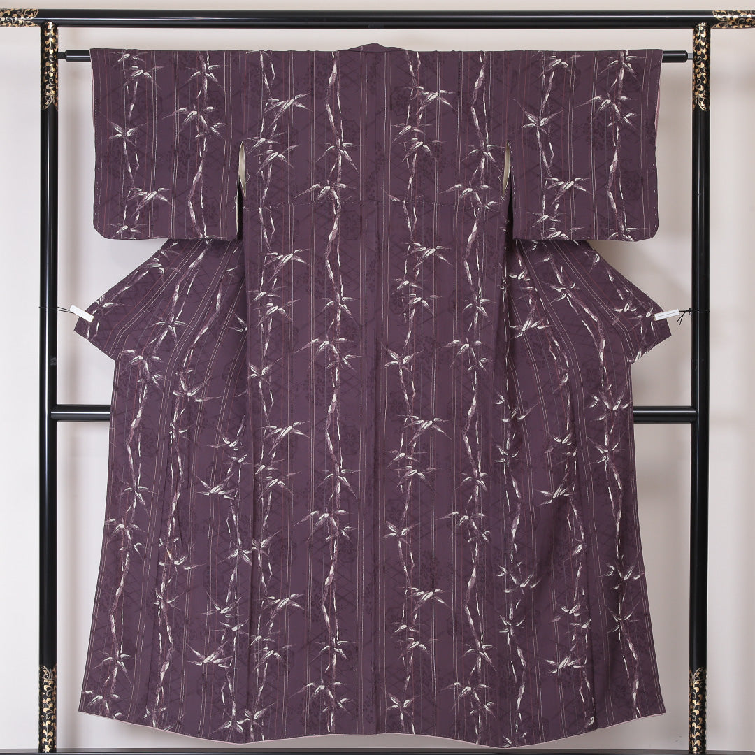 アンティーク 小紋 袷 身丈149cm 裄丈61cm 正絹 Bランク XSサイズ 広衿 笹 紫系 1215-02092