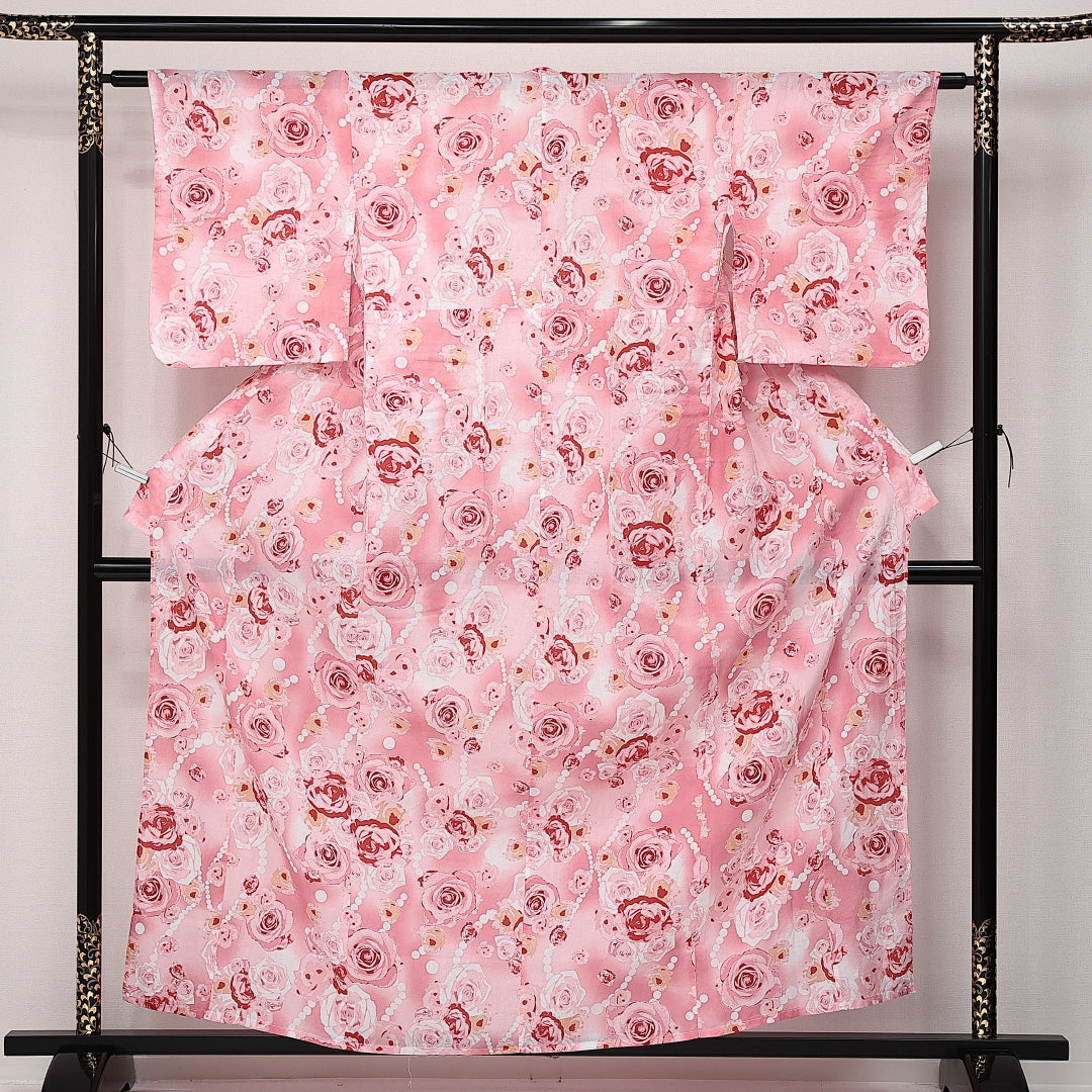 浴衣 夏物 洗える着物 身丈160cm 裄丈62cm Sランク 木綿 バチ衿 Lサイズ カジュアル 薔薇 華やか 軽やか ピンク系 1218-14186