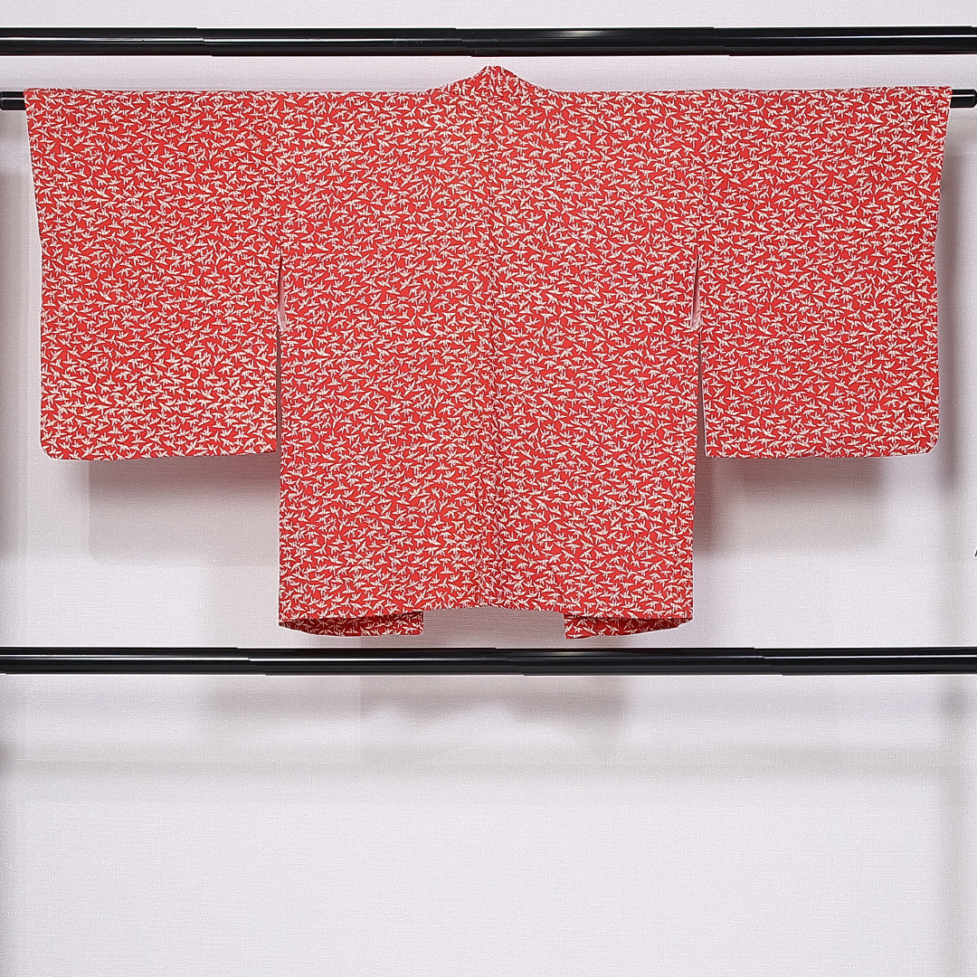 羽織 袷 身丈74cm 裄丈63cm 正絹 Aランク カジュアル Sサイズ 紐あり 折り鶴 朱系 RP 1232-11079
