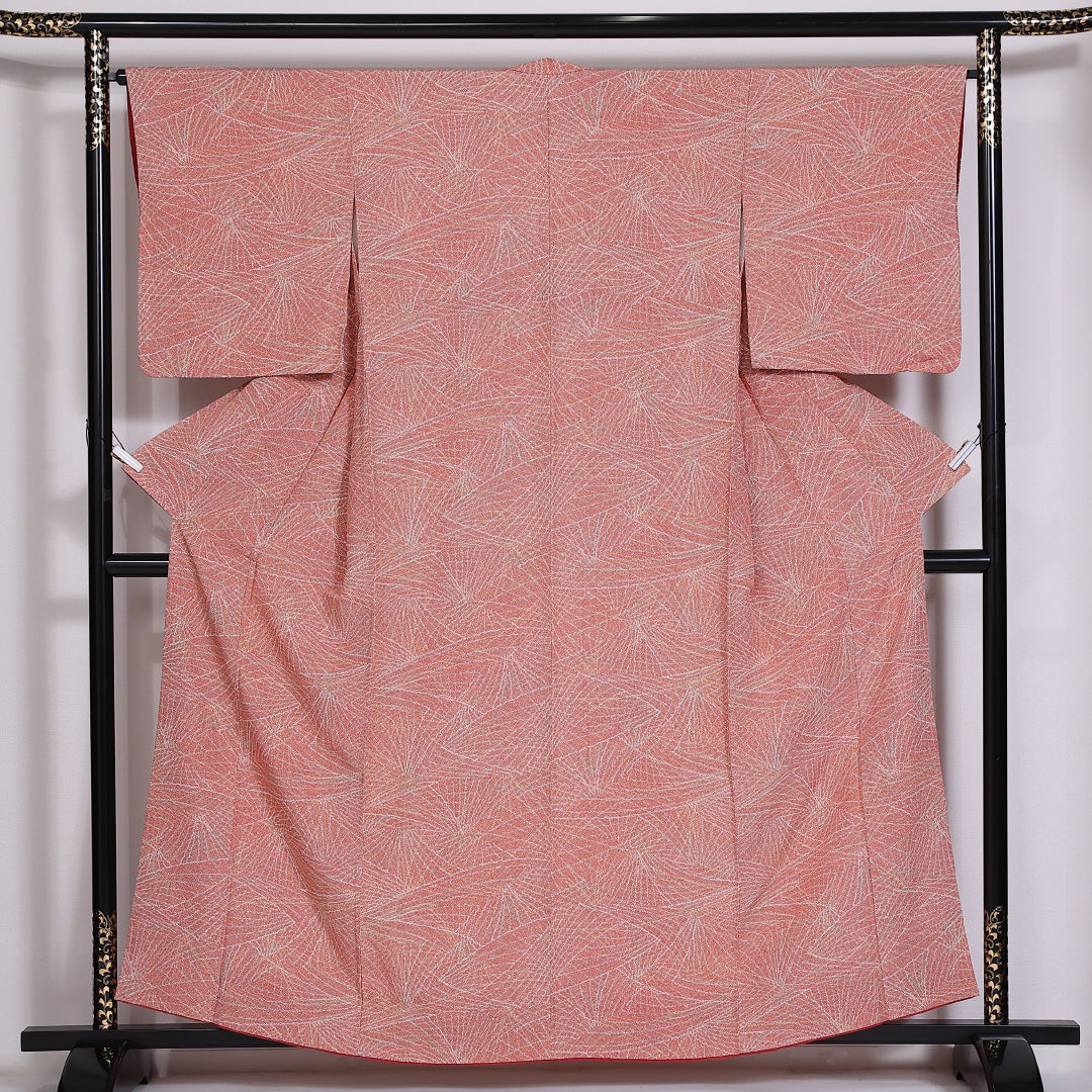 小紋 袷 身丈158cm 裄丈63cm 正絹 Sランク インフォーマル 広衿 Mサイズ 創作柄 赤系 RP 1221-02472