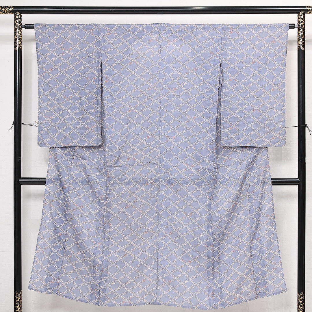 アンティーク 夏物 小紋 絽 身丈143cm 裄丈62cm 正絹 Aランク バチ衿 XSサイズ 菱 水色系 RP 1221-13346