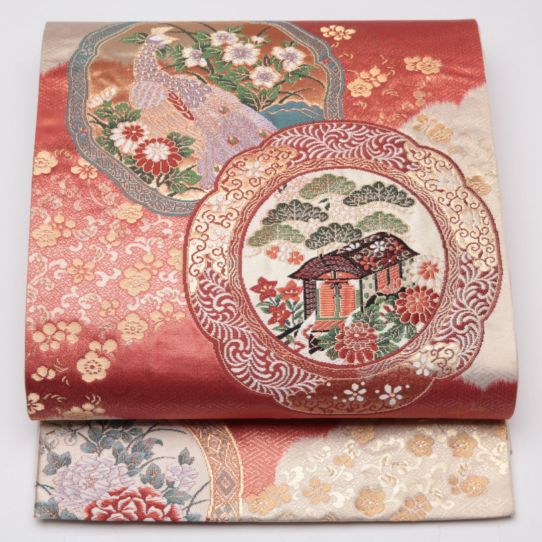 袋帯 帯丈428cm 正絹 六通 鏡裏花鳥文 フォーマル 鏡裏文 花鳥文 ピンク系 1243-01137
