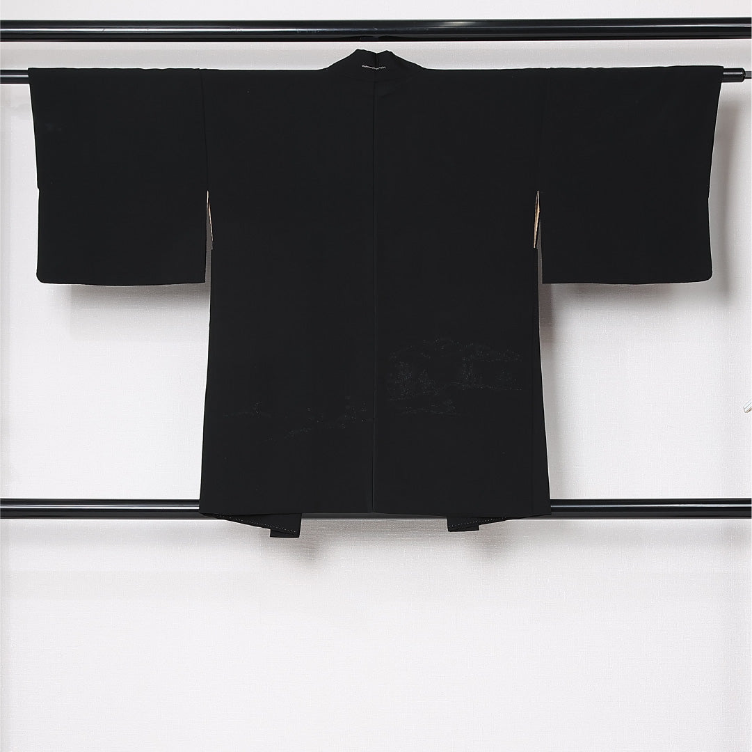 黒羽織 袷 身丈80cm 裄丈61cm 正絹 Cランク インフォーマル Sサイズ 紐あり 創作柄 黒系 LP 1233-12730