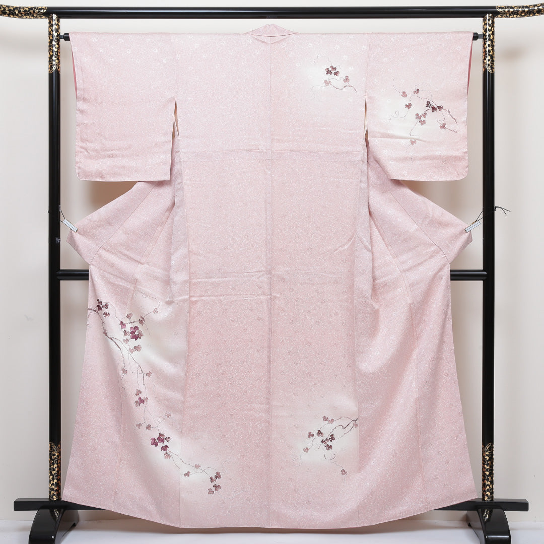 訪問着 袷 身丈162cm 裄丈64cm 正絹 Aランク 紋意匠 (紅葉) セミフォーマル 広衿 Lサイズ 刺繍 葡萄 ピンク系 PO 1217-04242