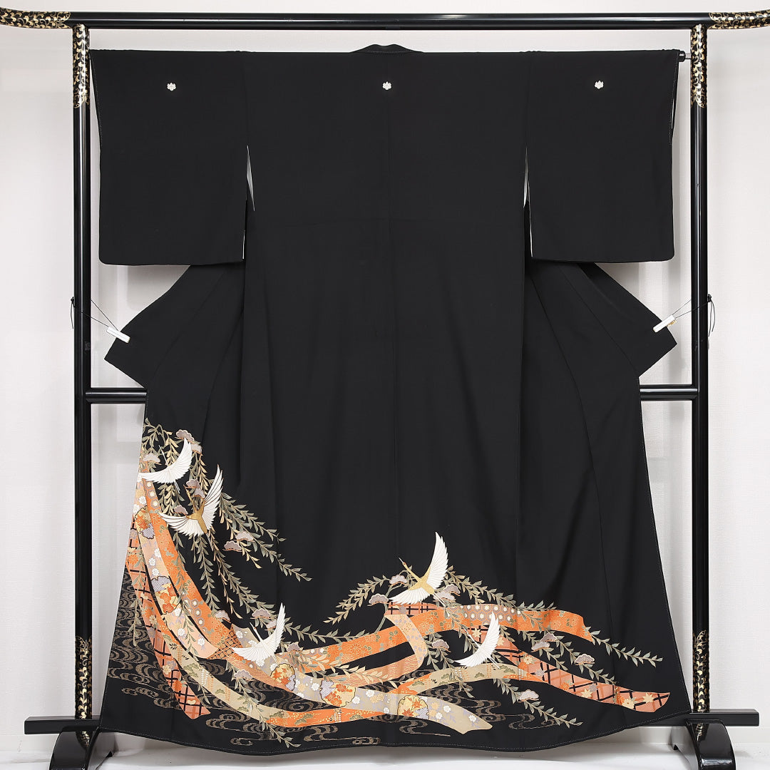黒留袖 五つ紋 五三桐 身丈159cm 裄丈66cm Sランク 正絹 袷 比翼 広衿 M 鶴 吉祥文様 フォーマル 黒系 1211-F0525