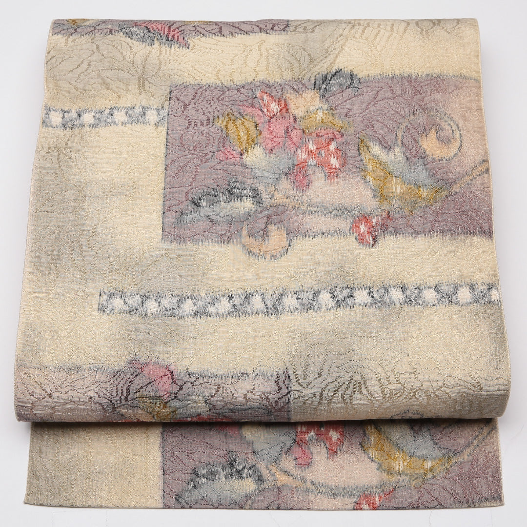 名古屋帯 帯丈348cm Sランク 名古屋仕立て 六通 ポリエステル 唐花 カジュアル ベージュ系 1224-01598