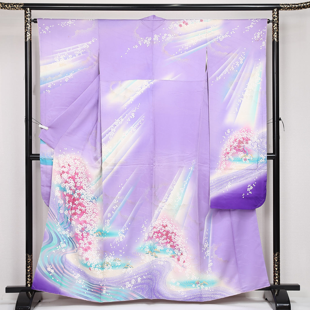 振袖 身丈161cm 裄丈65cm Bランク 正絹 袷 広衿 L しつけ糸 流水 吉祥文様 桜 フォーマル 紫系 1213-F0527