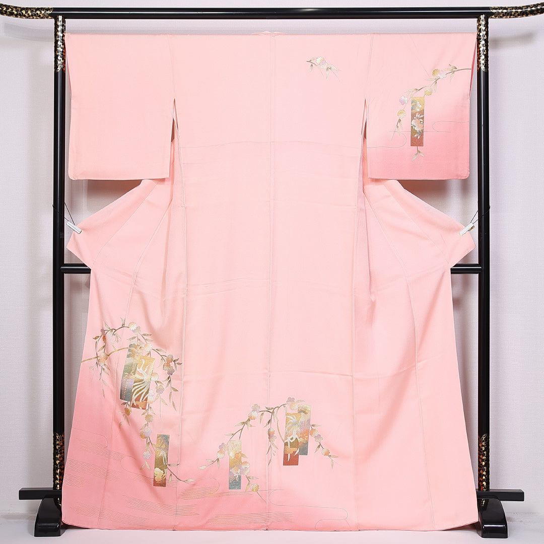 訪問着 袷 身丈170cm 裄丈67cm 正絹 Sランク セミフォーマル 広衿 2XLサイズ ぼかし染 金箔 尾長鳥 梅 ピンク系 RP 1217-10423