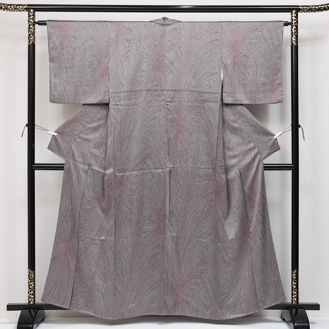 小紋 袷 身丈156cm 裄丈60cm 正絹 Aランク インフォーマル 広衿 Mサイズ 菊 グレー系 RP 1221-14556