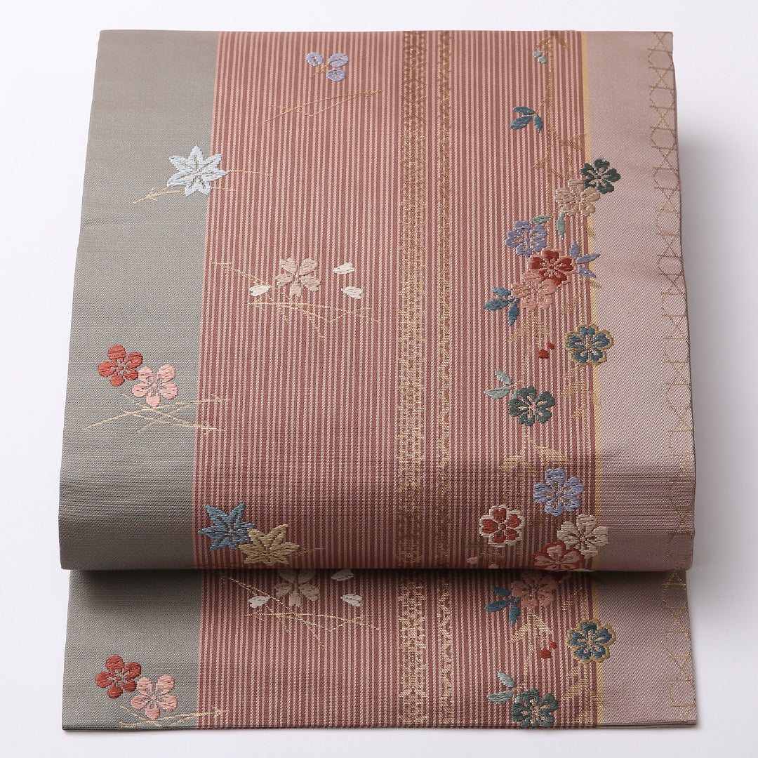 九寸名古屋帯 Sランク 帯丈356cm 正絹 六通 名古屋仕立て 織り インフォーマル 桜 楓 梅 茶系 RP 1245-02708
