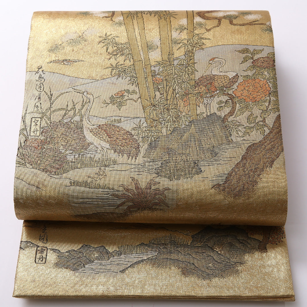 袋帯 帯丈430cm 正絹 全通 雪舟 セミフォーマル 綴れ織 四季山野 浮世絵 金系 1243-01623