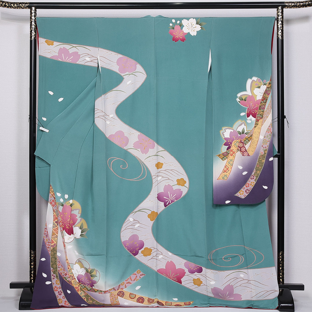 はれやかサンライト加工 振袖 身丈171cm 裄丈67.5cm 袷 正絹 Aランク 広衿 桜 流水 熨斗 1213-F0385