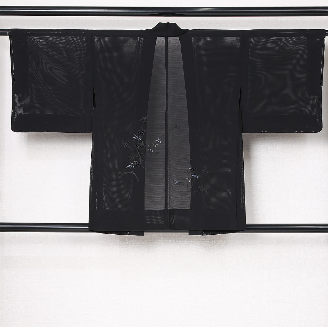夏物 黒羽織 絽 身丈80cm 裄丈61cm 正絹 Sランク インフォーマル Sサイズ 笹 黒系 RP 1233-12834