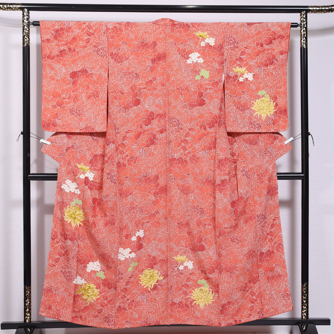 付下げ 袷 身丈155cm 裄丈62cm 正絹 Sランク インフォーマル 広衿 Mサイズ 紫陽花 朱系 RP 1218-11646