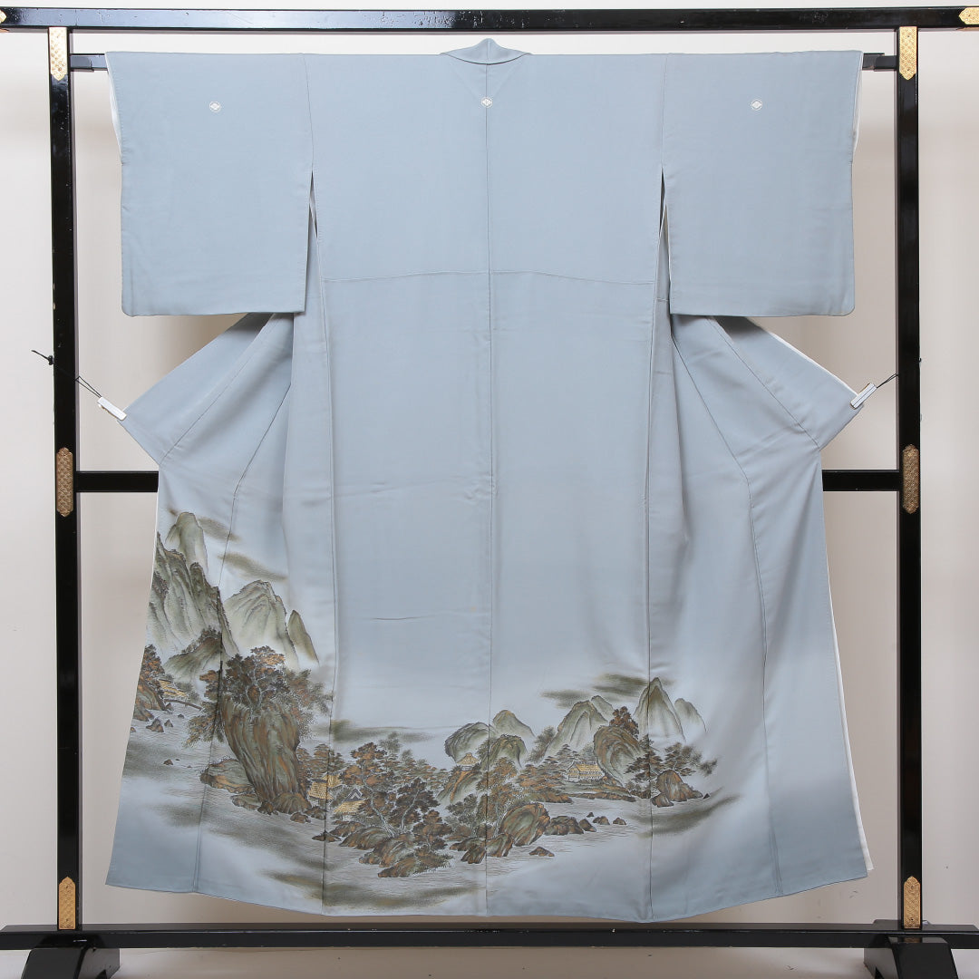 色留袖 五つ紋 丸に花菱 身丈151cm 裄丈66.5cm Cランク 正絹 袷 広衿 S 山水 丸に花菱 フォーマル 青系 1211-F0174