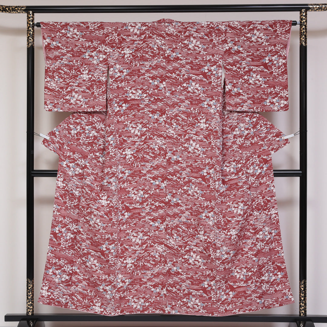小紋 ちりめん 袷 身丈153cm 裄64cm 赤系 流水 菊 笠松 正絹 Aランク 1215-01748-3212