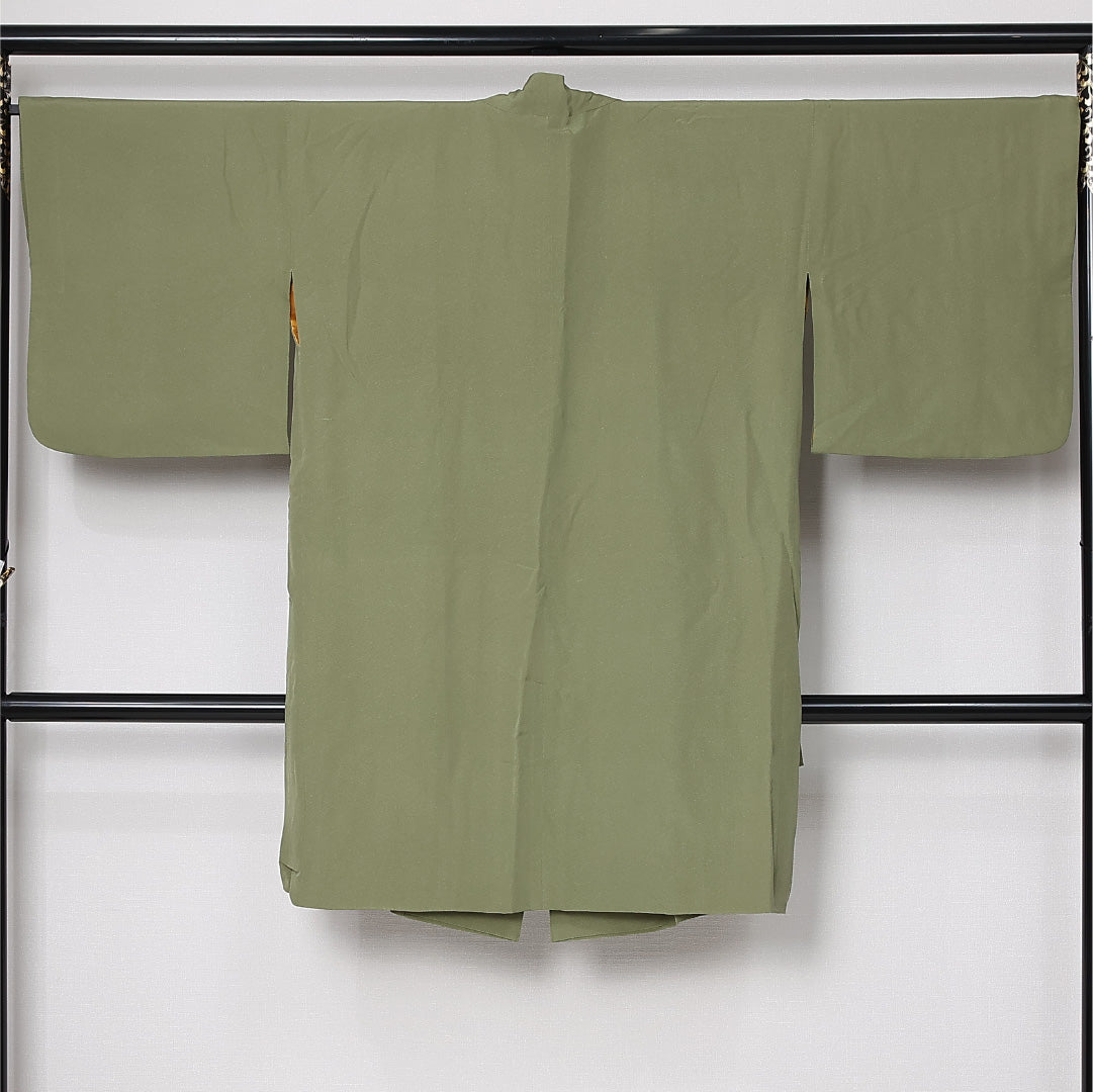道中着 袷 身丈105cm 裄丈68cm 正絹 Sランク カジュアル Lサイズ 無地 緑系 RP 1236-12904