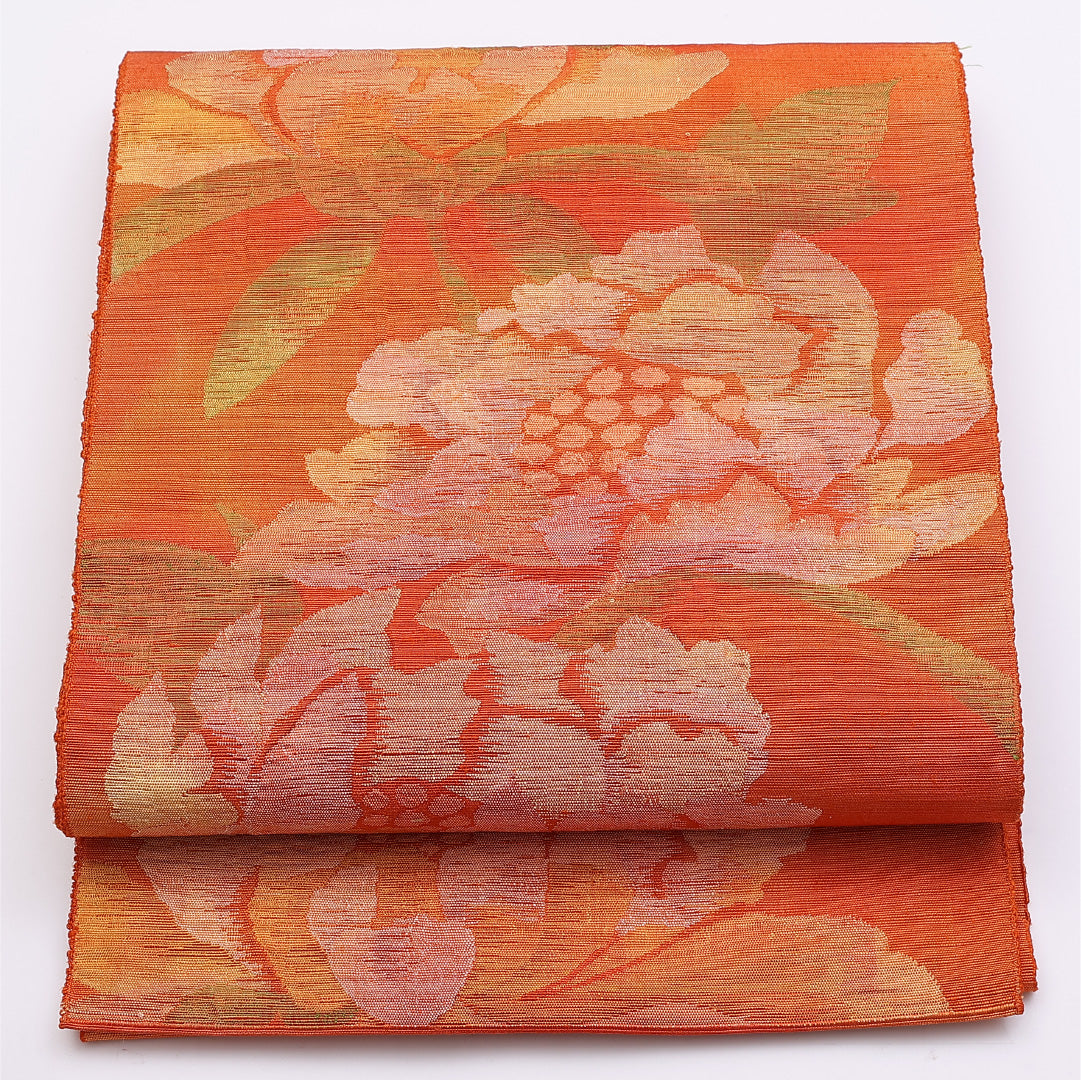 八寸名古屋帯 Sランク 帯丈328cm 正絹 六通 松葉仕立て 織り カジュアル 紬 牡丹 朱系 LP 1245-01320