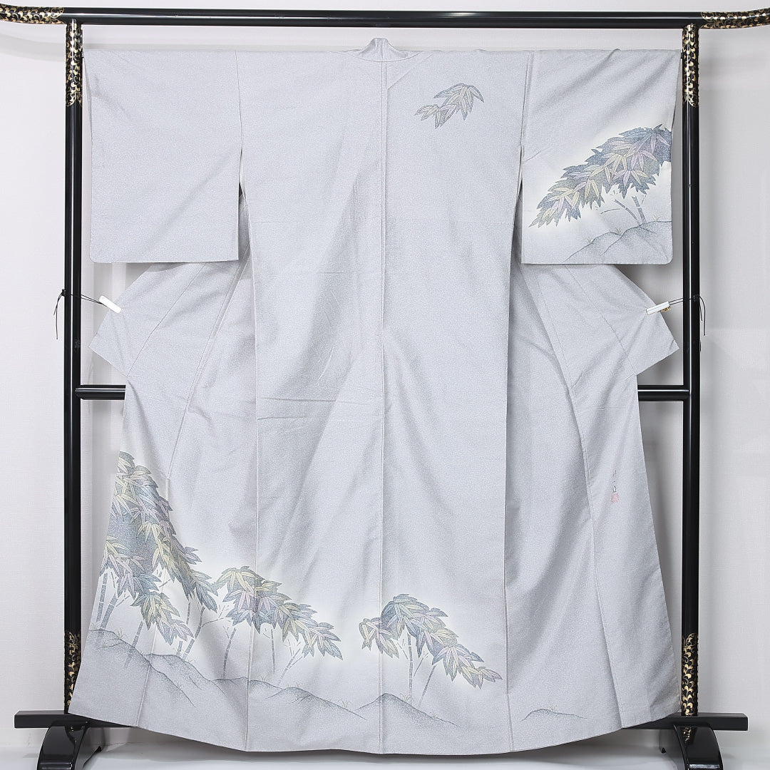 訪問着 袷 身丈161cm 裄丈67cm 正絹 Sランク セミフォーマル 広衿 Lサイズ 濱屋修一郎 作家物 落款 笹 グレー系 RP 1217-12391