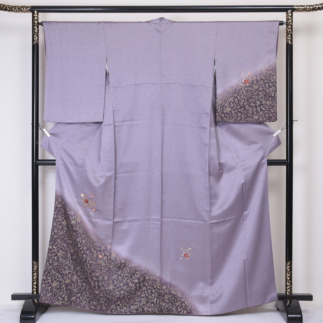 訪問着 袷 身丈160~164cm 裄63.5cm 正絹 蘇州刺繡 唐花 鱗柄 紫系 Sランク 1212-00580