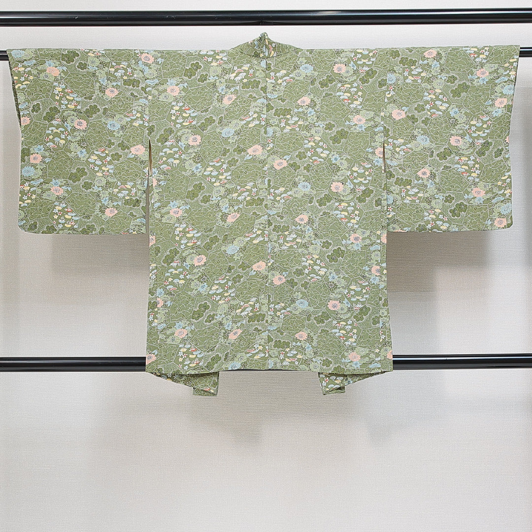 羽織 袷 身丈81cm 裄丈63cm 正絹 Sランク カジュアル Sサイズ 紐あり 松竹梅 緑系 RP 1232-14840