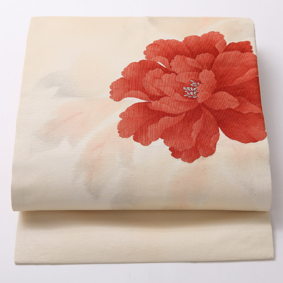 九寸 名古屋帯 帯丈354cm 名古屋仕立て ポイント柄 Aランク カジュアル 正絹 綴れ織 牡丹 上品 優しい ピンク系 1224-02940