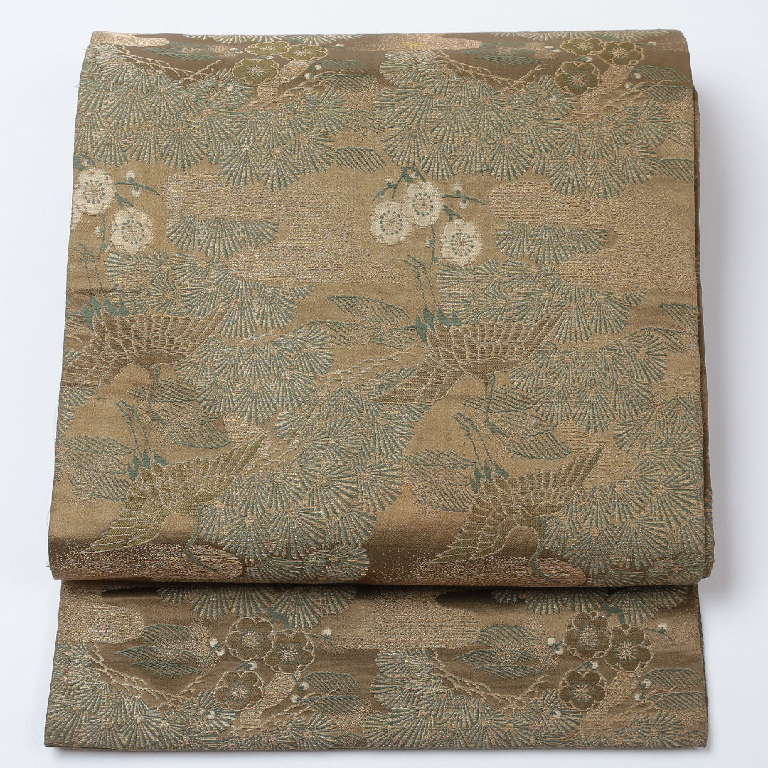 アンティーク 丸帯 帯丈396cm 全通 鶴 フォーマル 金系 正絹 Aランク 1223-00627