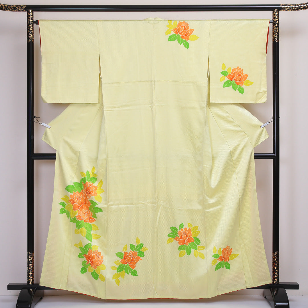 付下げ 袷 身丈160~164cm 裄65.5cm 正絹 牡丹 黄系 Aランク 1212-00538