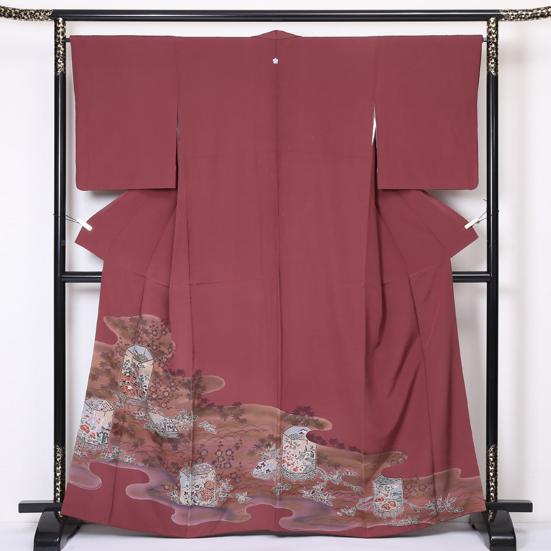 色留袖 一つ紋 桔梗 身丈163cm 裄丈66cm Bランク 正絹 袷 広衿 L 貝桶 セミフォーマル 茶系 1211-F0197