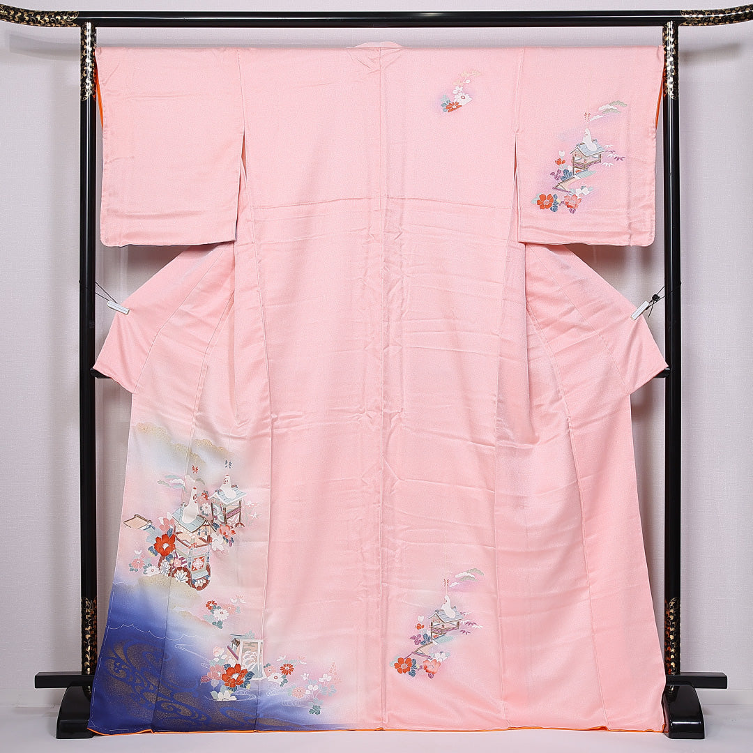 訪問着 袷 身丈171cm 裄丈68cm 正絹 Aランク セミフォーマル 広衿 2XLサイズ 金彩 御所車 雲取り 椿 鉾 ピンク系 RP 1217-10713