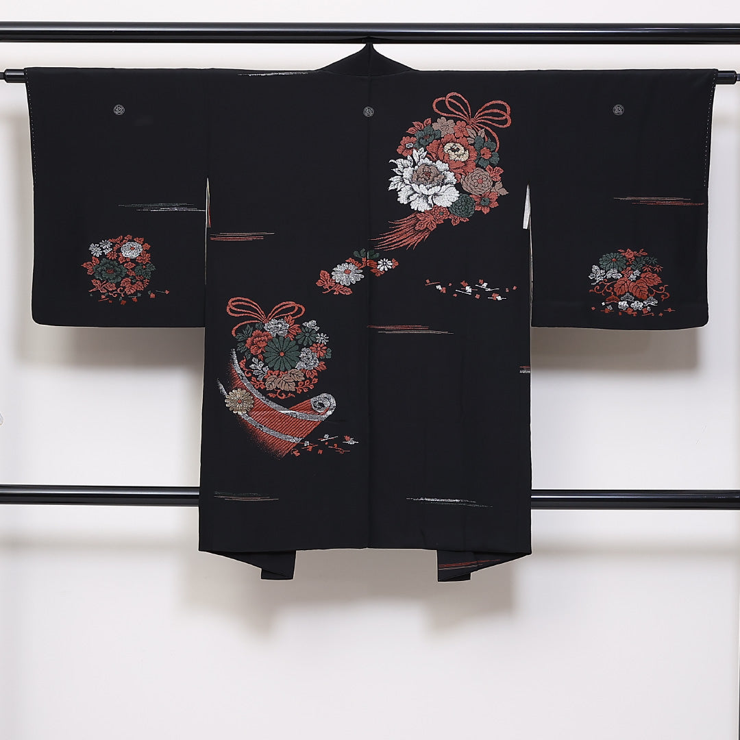 黒羽織 身丈88cm 裄丈61cm S 正絹 絵羽羽織 丸に違い鷹の羽 漆糸 花籠 三つ紋 黒系 Sランク 1217-00844