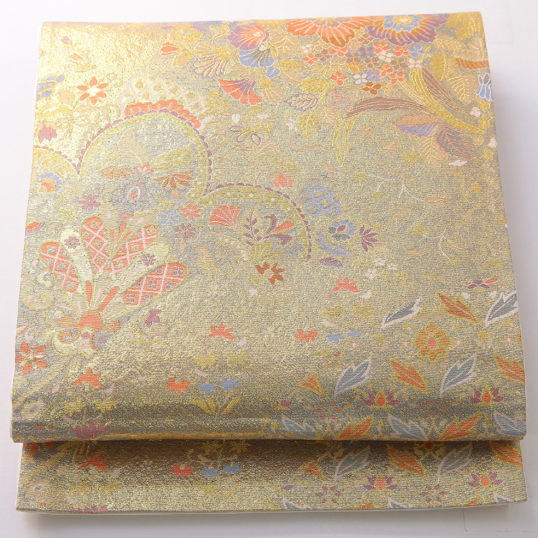 袋帯 帯丈438cm フォーマル 六通 帯芯なし Sランク 正絹 吉祥文様 金系 1223-02142
