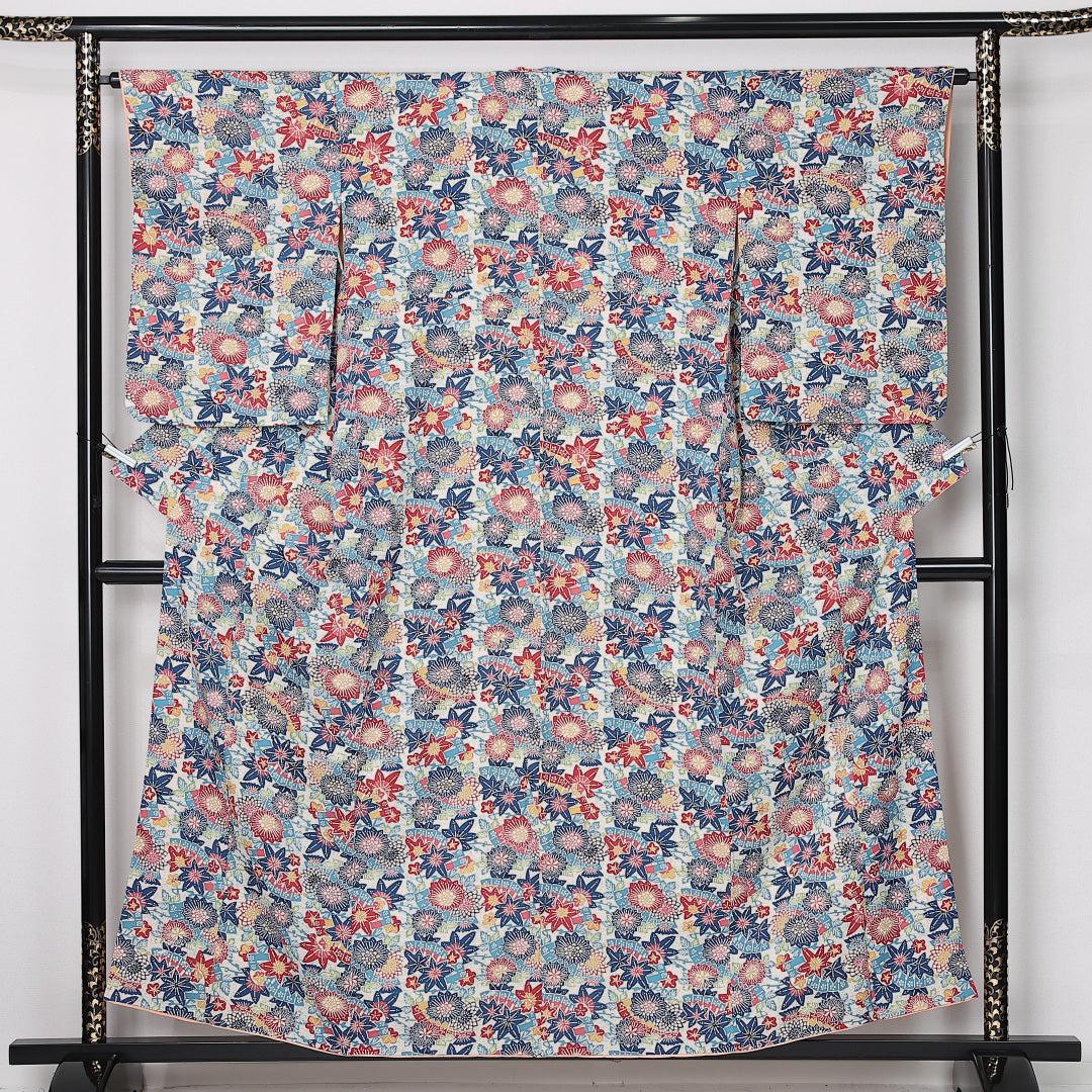 アンティーク 京紅型 小紋 身丈154cm 裄丈64cm Aランク S 正絹 袷 広衿 ポップ 扇 菊 紅葉 青系 1215-12507