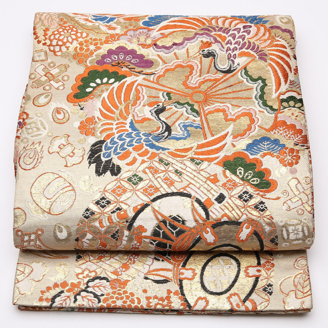アンティーク 丸帯 帯丈412cm 正絹 全通 向かい鳥 鼓 丸文 クリーム系 1242-01055