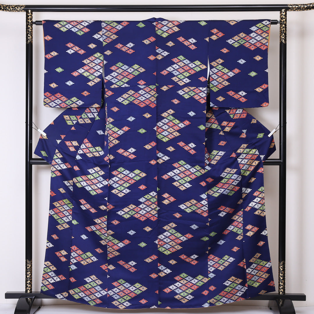 小紋 袷 身丈163cm 裄63cm 紺系 花菱 洗える着物 Sランク 1215-01970-2418