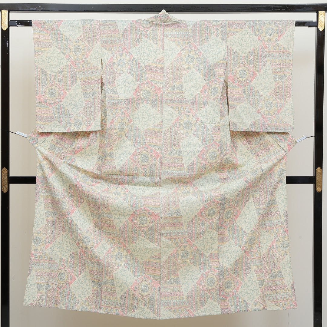 小紋 単衣 身丈150cm 裄63cm クリーム系 ウール Aランク 1215010243215