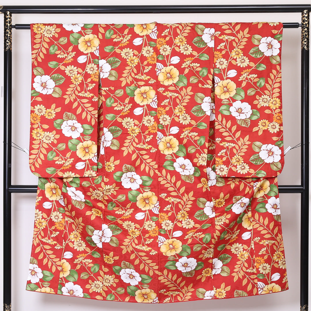 小紋 袷 身丈141cm 裄丈59cm 正絹 Sランク インフォーマル バチ衿 XSサイズ 椿 赤系 RP 1221-01967