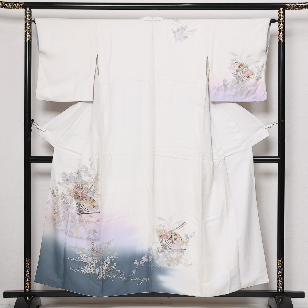 訪問着 袷 身丈147cm 裄丈63cm Sランク 正絹 広衿 XSサイズ セミフォーマル 扇 菊 古典的 気品 白系 1212-13596
